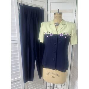 S.L. Fashions Vintage Black Green 80’s 2 Piece Pants Suit Size 8